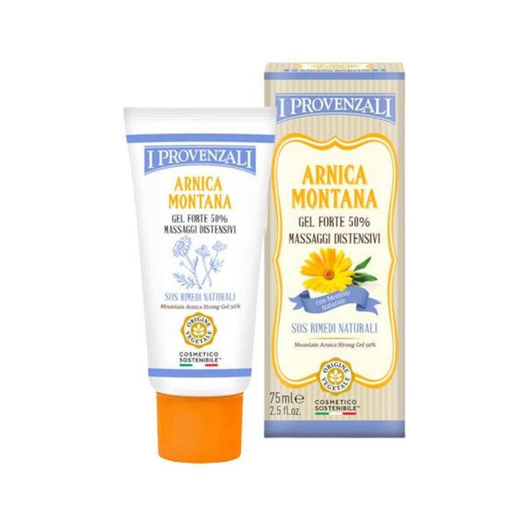 Опаковка на I Provenzali Arnica Montana Gel Forte отпред с лого и инструкции.