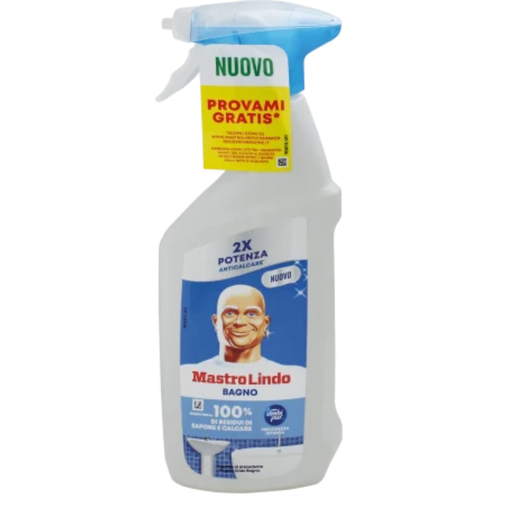 Бутилка Mastro Lindo Spray Bagno Anticalcare (500 мл) с изображение на продукта и акцент върху анти-варовиковото действие.