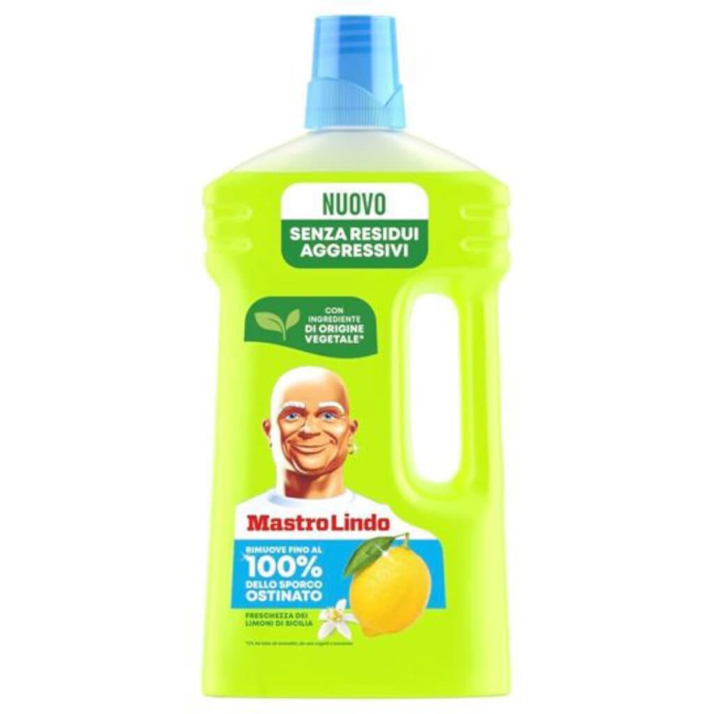 Опаковка на Mastro Lindo Detersivo Multiuso Diluito Limone (930 мл), показваща продукта и изображение на лимон.
