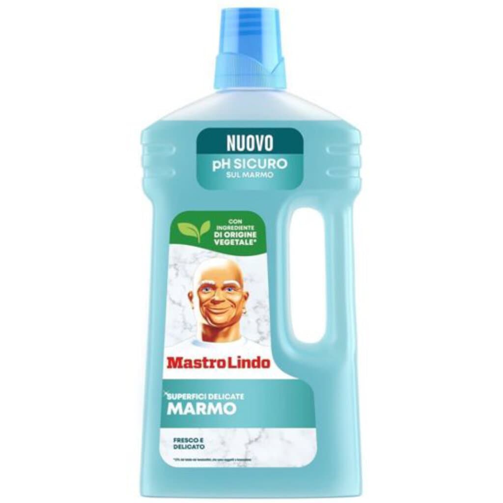 Опаковка на Mastro Lindo Detergente Superfici Delicate (750 мл) с изображение на блестящ мрамор.