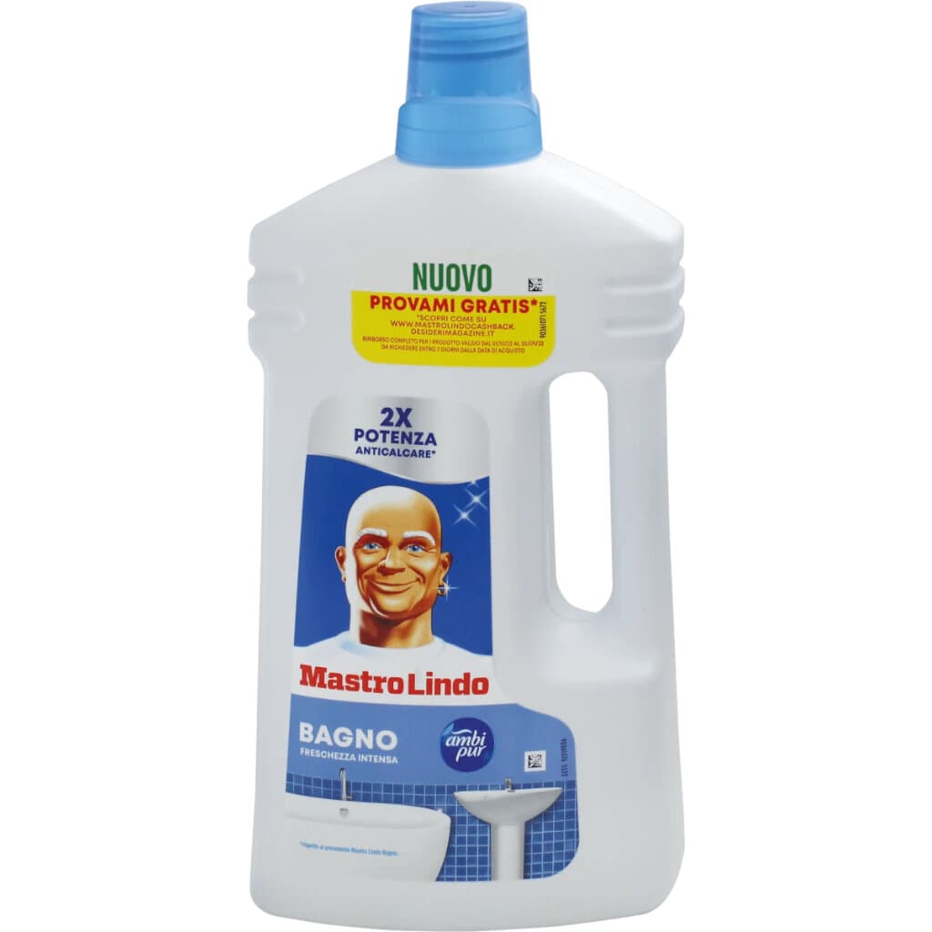 Опаковка на Mastro Lindo Detersivo Liquido per il Bagno (930 мл), показваща продукта и акцентираща върху почистването на банята.