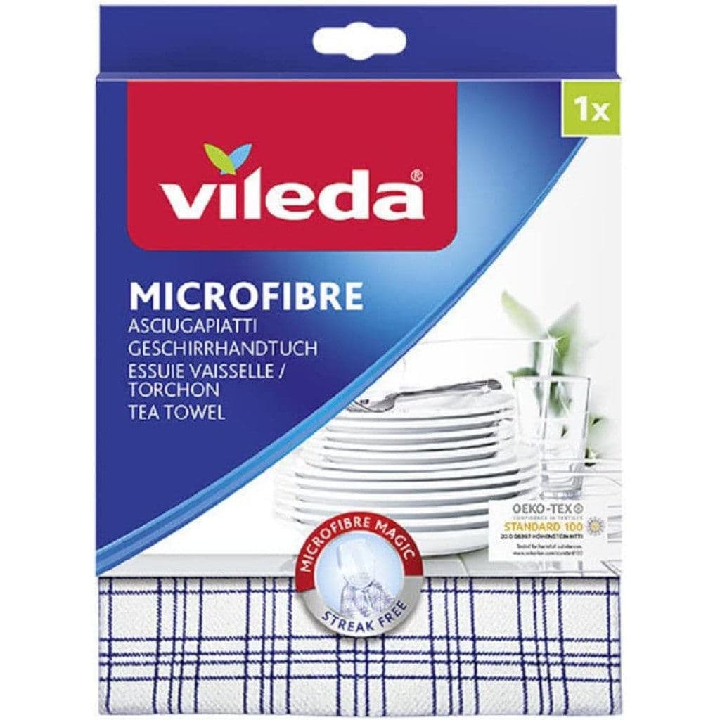 Опаковка на Vileda Panno Microfibre Asciugapiatti с логото и основна информация.