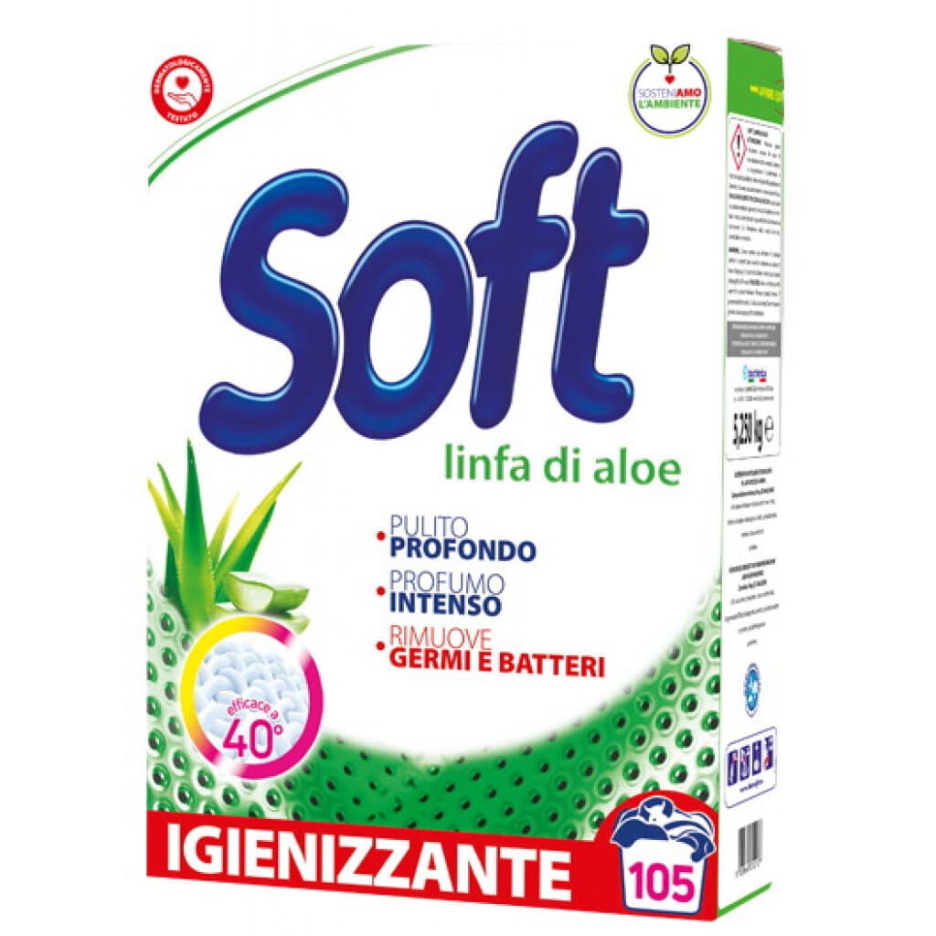 Soft Multi Polvere – Aloe Vera (105 изпирания) – Опаковка с аромат на алое вера и информация за продукта.