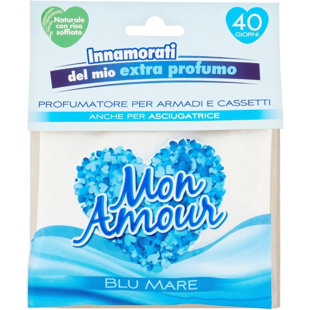 Опаковка и преден изглед на Mon Amour Sacchetti Profumati Blu Mare | Ароматизирани Торбички с Дълготраен Аромат на Морски Бриз