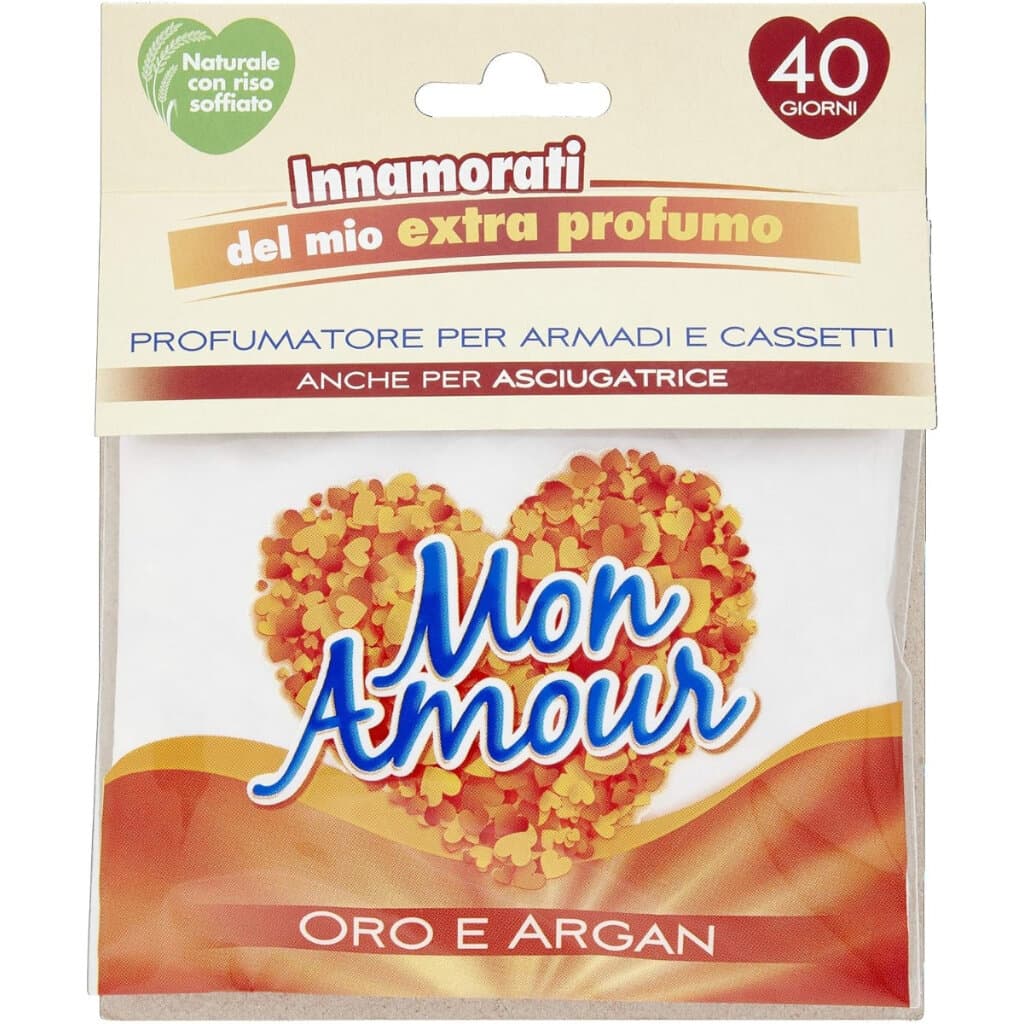 Опаковка и преден изглед на Mon Amour Sacchetti Profumati Oro Argan | Ароматизирани Торбички с Дълготраен Аромат на Арган