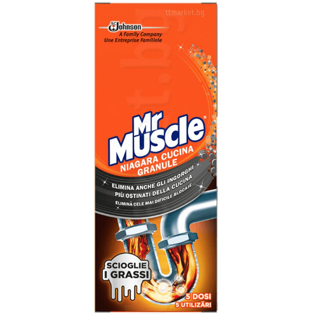 Опаковка и преден изглед на Mr Muscle Niagara Disgorgante Granulare 250g | Ефективен Препарат за Отпушване на Тръби и Мивки