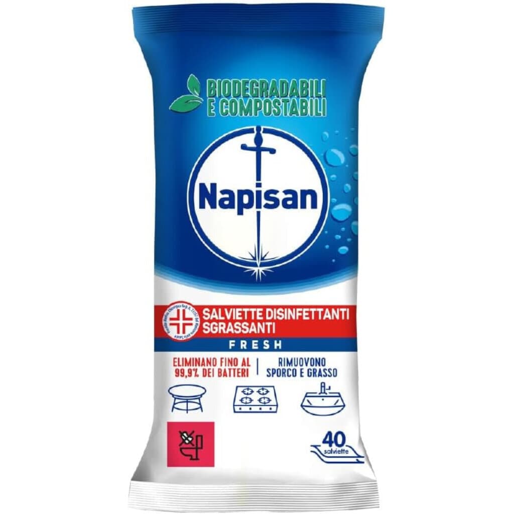 Napisan Salviette Igienizzanti Potere Sgrassante Fresh – Хигиенизиращи кърпички с обезмасляващ ефект и свеж аромат – Предна част на опаковката.
