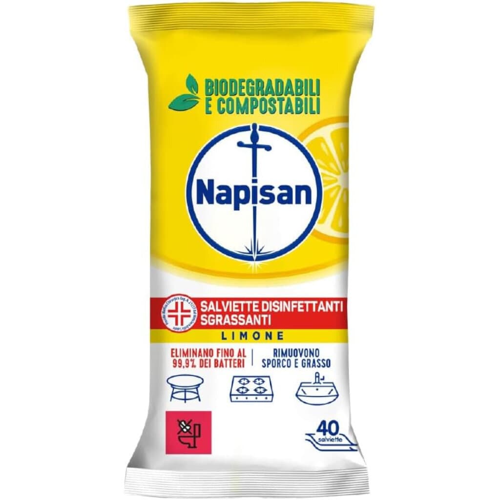 Napisan Salviette Igienizzanti Biodegradabili Limone – Биоразградими хигиенизиращи кърпички с аромат на лимон – Предна част на опаковката.