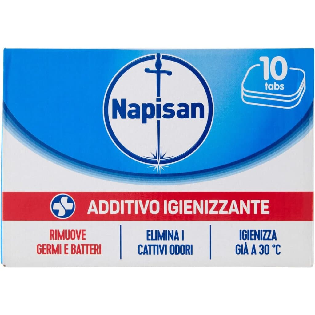 Napisan Additivo Igienizzante Tabs – Хигиенизиращи таблетки за пране – Предна част на опаковката.