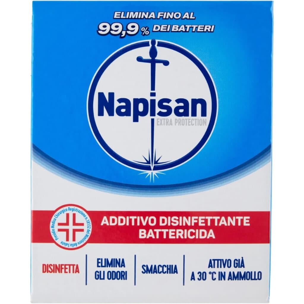 Napisan Additivo Igienizzante Polvere – Прахообразен хигиенизатор за пране – Предна част на опаковката.