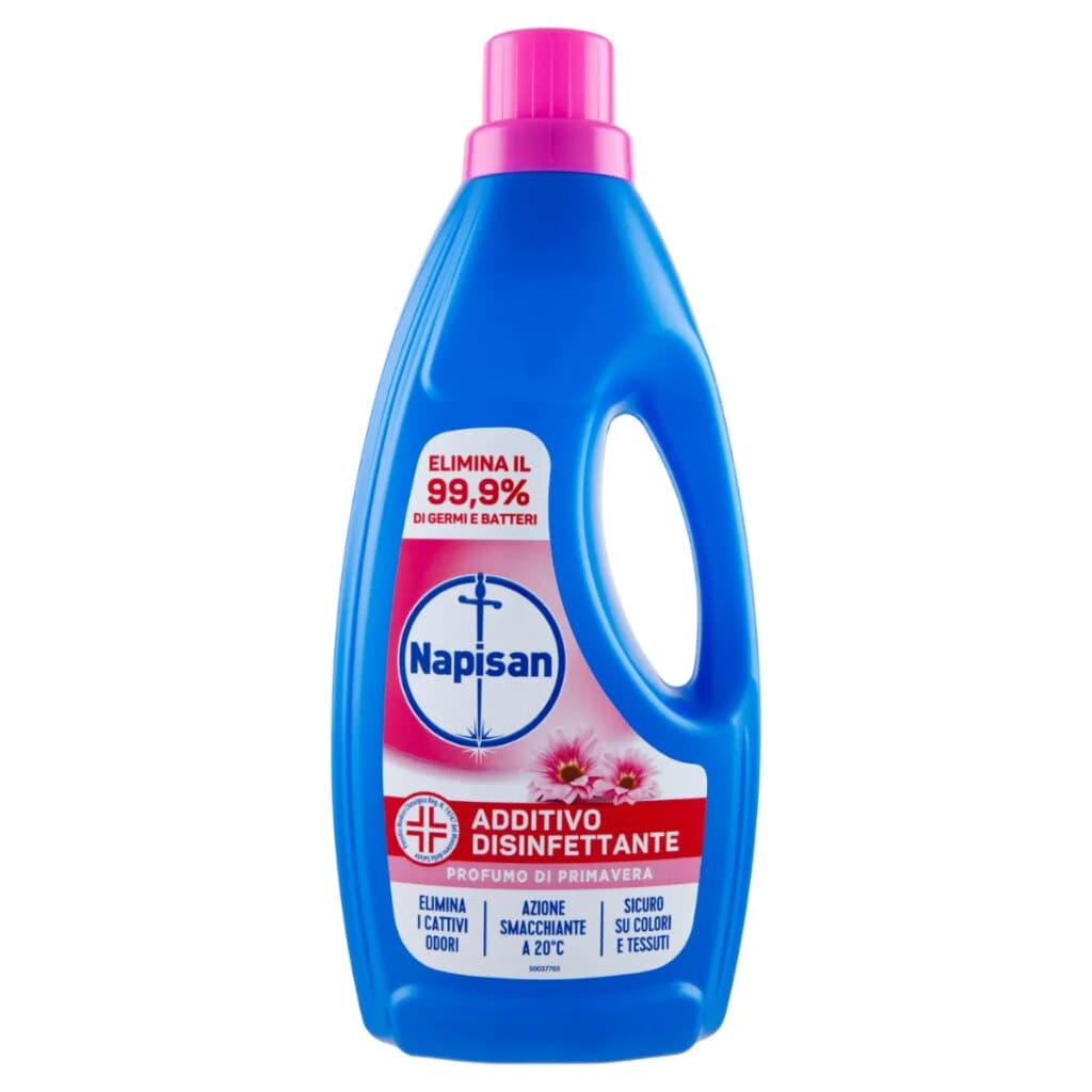 Napisan Additivo Liquido Disinfettante Profumo di Primavera – Течен дезинфектант за пране с пролетен аромат – Предна част на опаковката.