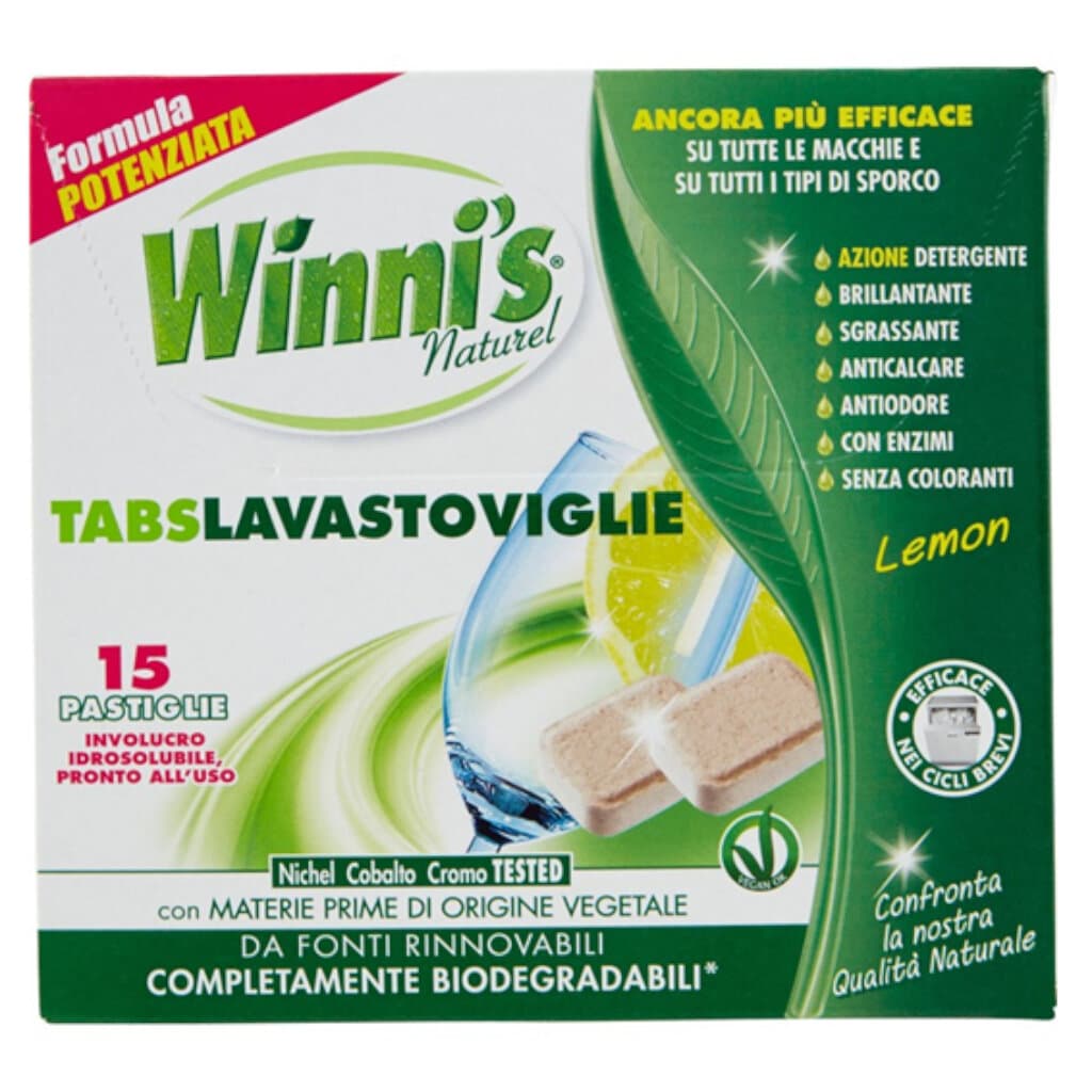 "Winni’s Tabs Lavastoviglie 15 – Предна страна на опаковката, показваща концентрираните таблетки за миене на съдове."