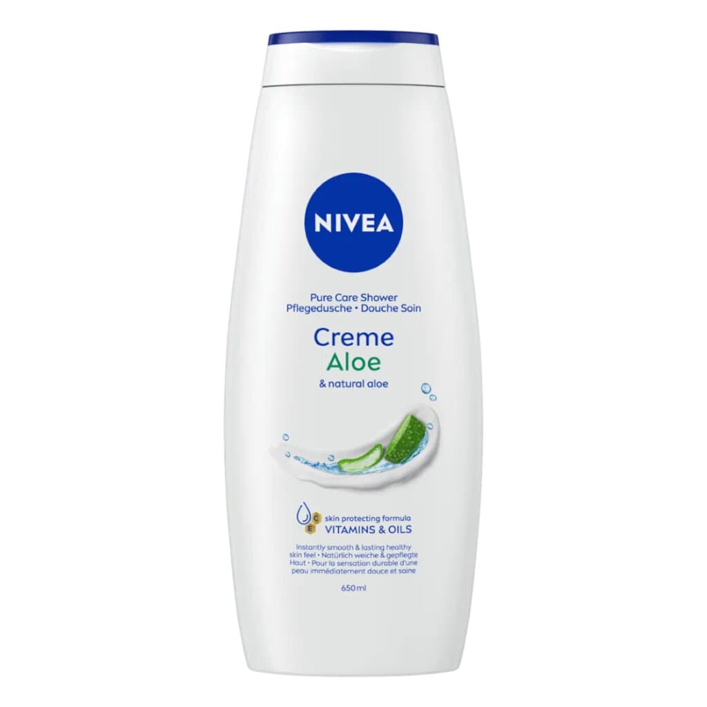 NIVEA Душ гел Creme Aloe 650 мл – Предна страна на опаковката с дизайн и логото на NIVEA, изобразяваща алое вера.
