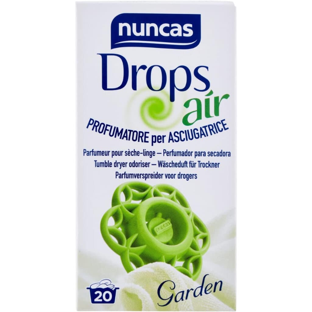 Опаковка на Nuncas Drops Air Profumatore per Asciugatrice Garden, показваща продукта с броя на циклите за сушене
