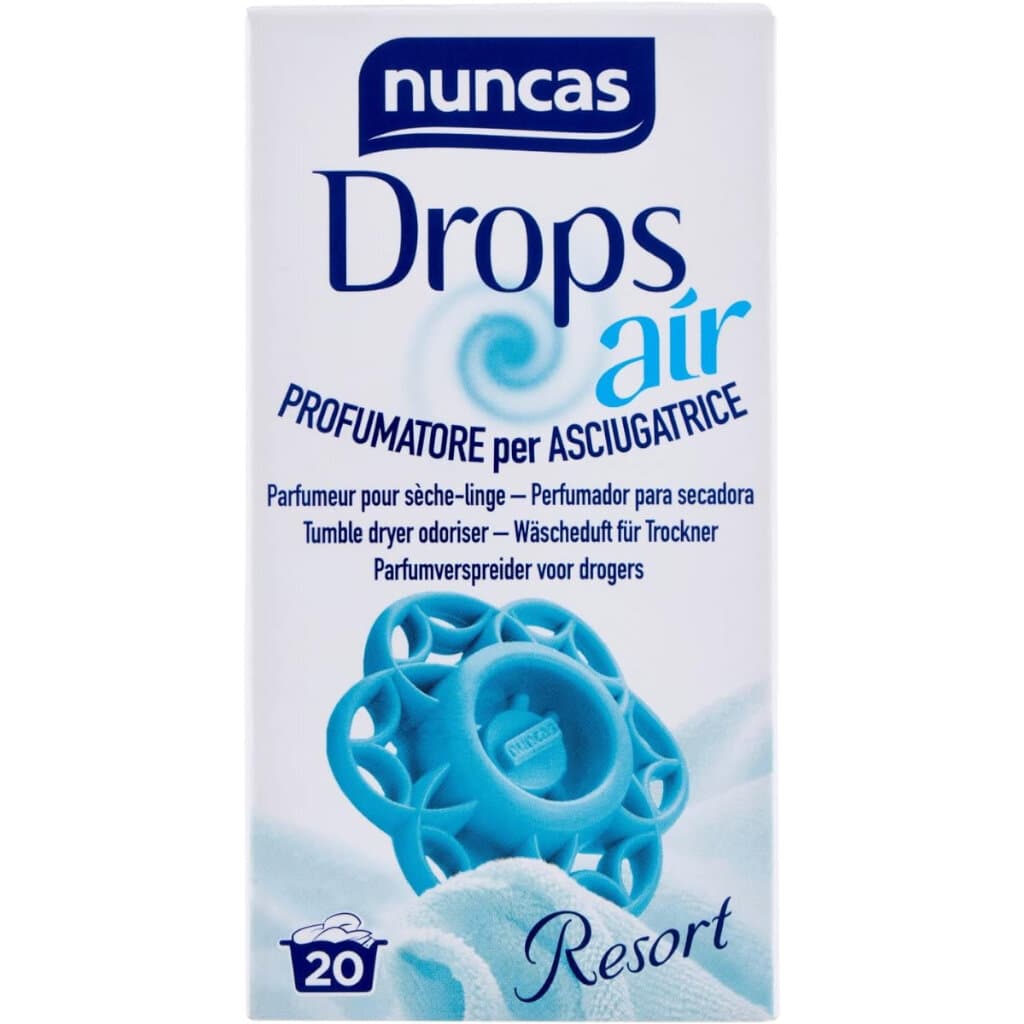 Опаковка на Nuncas Drops Air Profumatore per Asciugatrice Resort, показваща продукта и акцентираща върху аромата.
