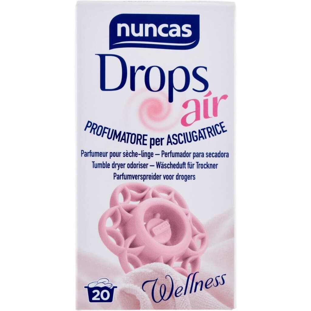 Бутилка на Nuncas Drops Air Profumatore per Asciugatrice Wellness, показваща етикета и дизайна.