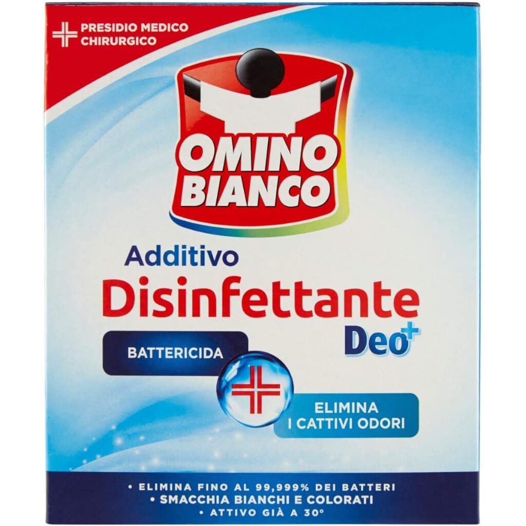 Опаковката на Omino Bianco Disinfettante Polvere отпред с лого и основни инструкции.