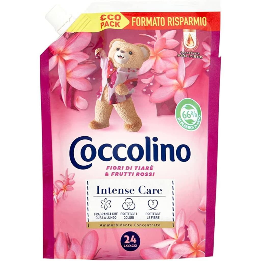 Омекотител Coccolino Fiori di Tiaré e Frutti Rossi в опаковка, показваща предната страна с основна информация.