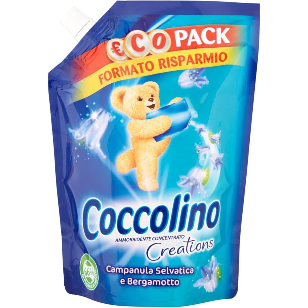 Омекотител Coccolino Campanula Selvatica e Bergamotto в опаковка, показваща предната страна с основна информация.