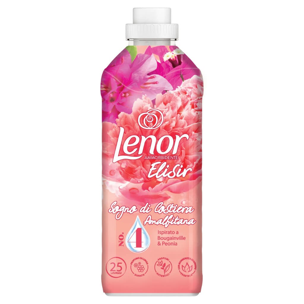 Lenor Ammorbidente Concentrato Elisir Sogno di Costiera Amalfitana – 25 пранета, 525 мл – Предна страна на бутилката с информация за продукта.