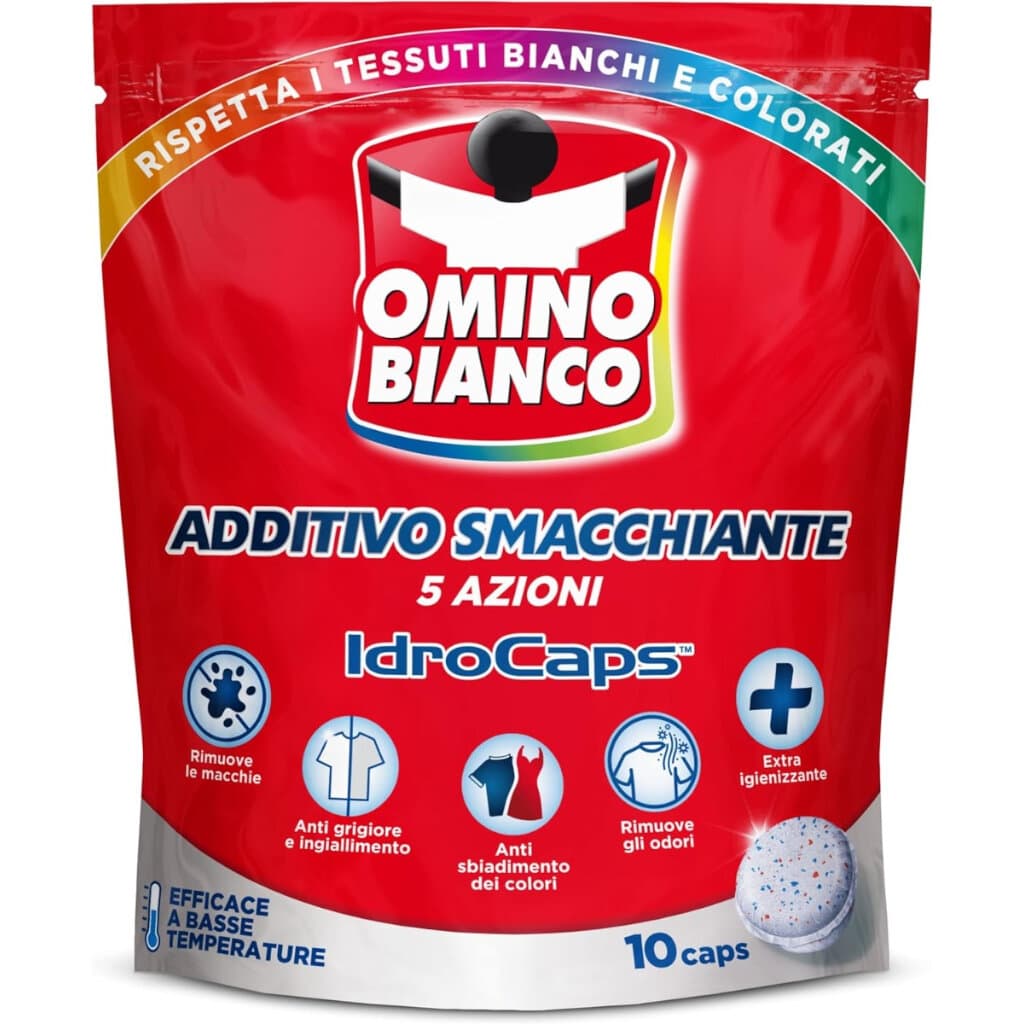 Опаковка на Omino Bianco Additivo Totale IdroCaps, показваща капсулите и основните предимства.