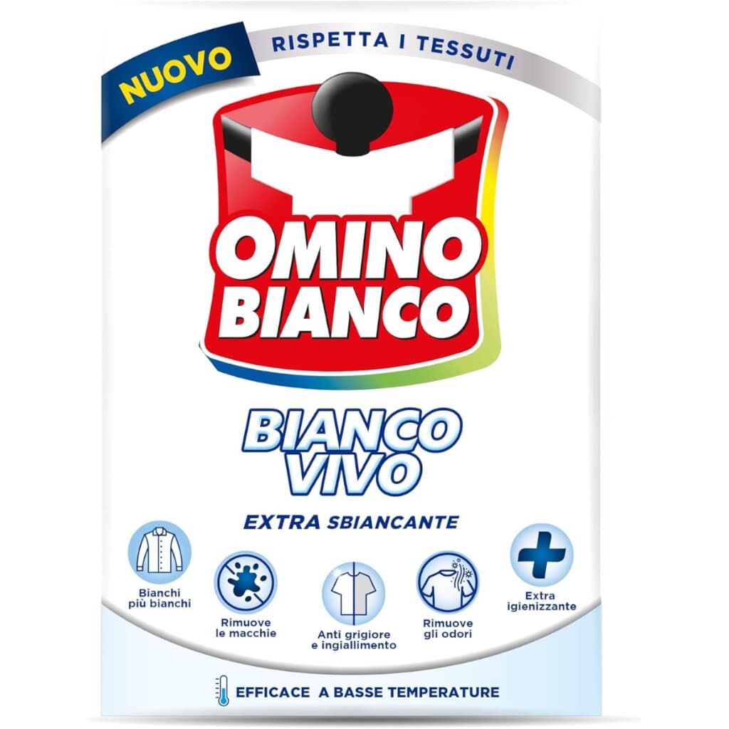 Omino Bianco Lavatrice Sbiancante Specifico – предна опаковка на избелващ добавка за пране.