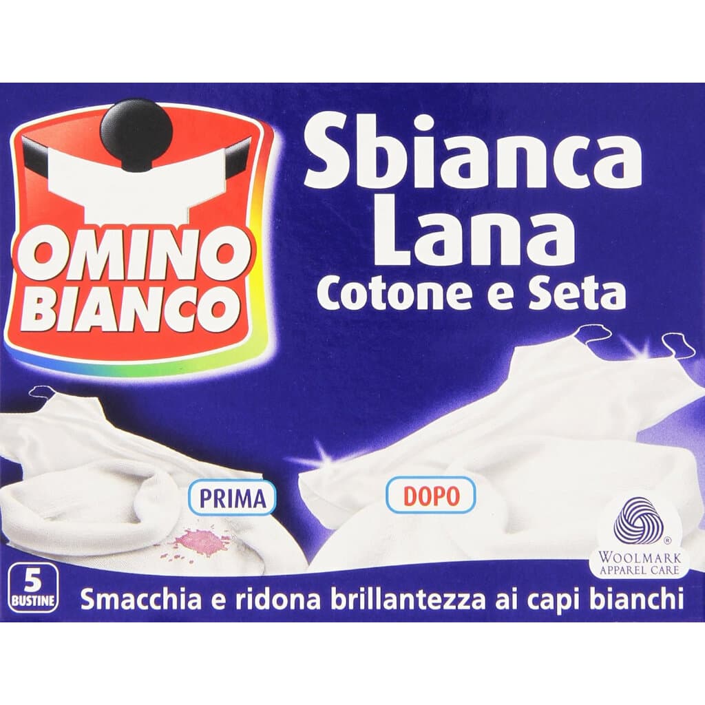 Omino Bianco Sbianca Lana – предна опаковка на избелващ продукт за деликатни тъкани.