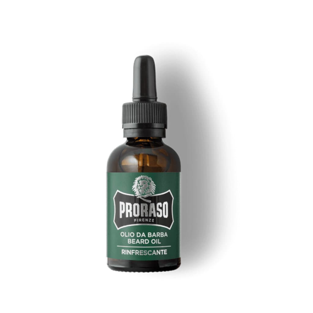 "Proraso Olio Cura Barba Rinfrescante – Предна страна на опаковката, показваща олиото за грижа за брада, обогатено с етерични масла."