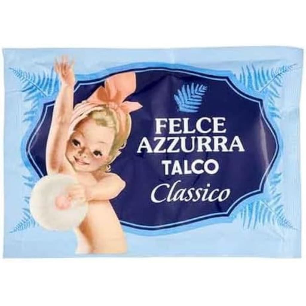 Felce Azzurra Талк пудра Profumo Classico – Предна страна на опаковката с характерния син дизайн и логото на марката.