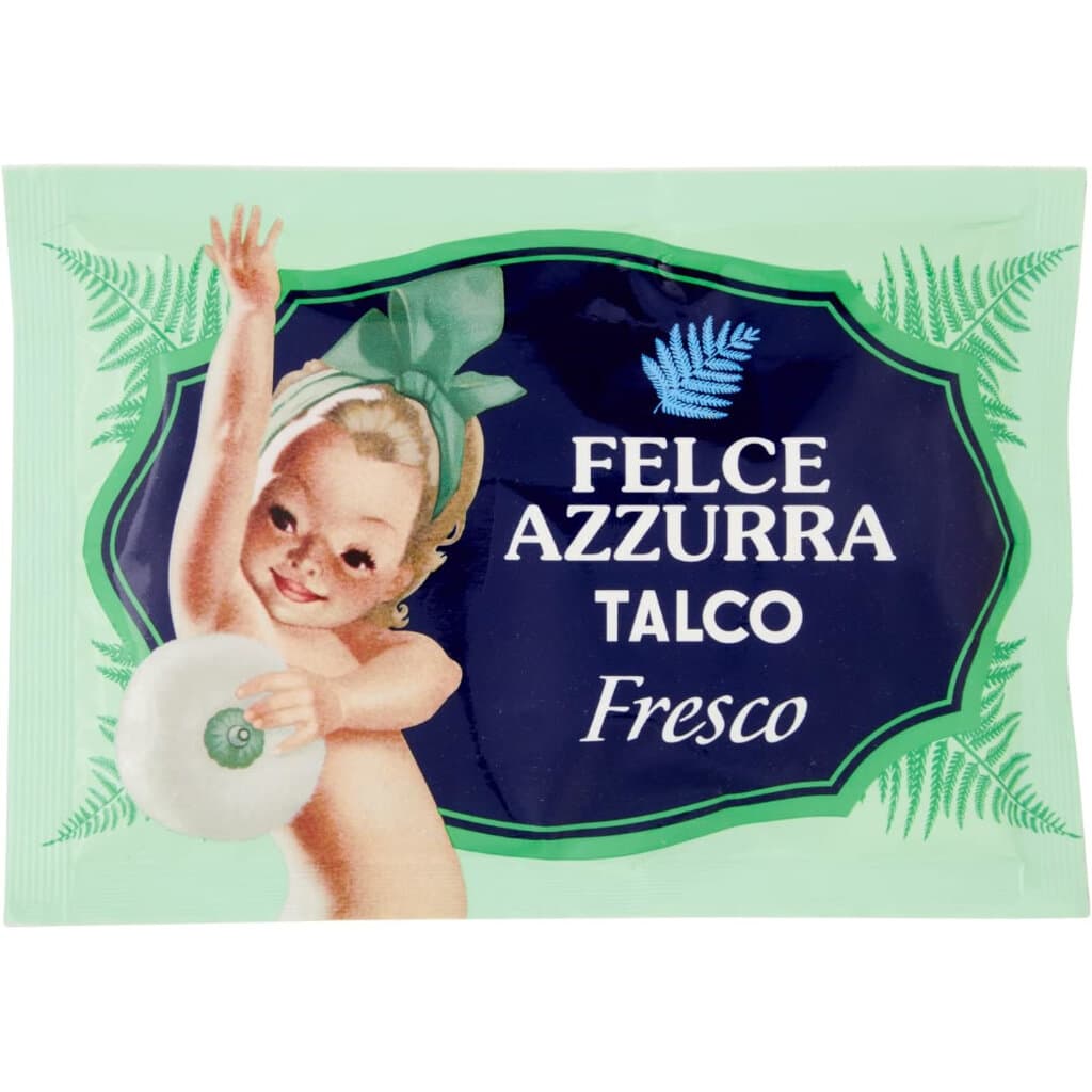 Felce Azzurra Талк пудра Fresco 100 г – Предна страна на опаковката с характерния син дизайн и логото на марката.