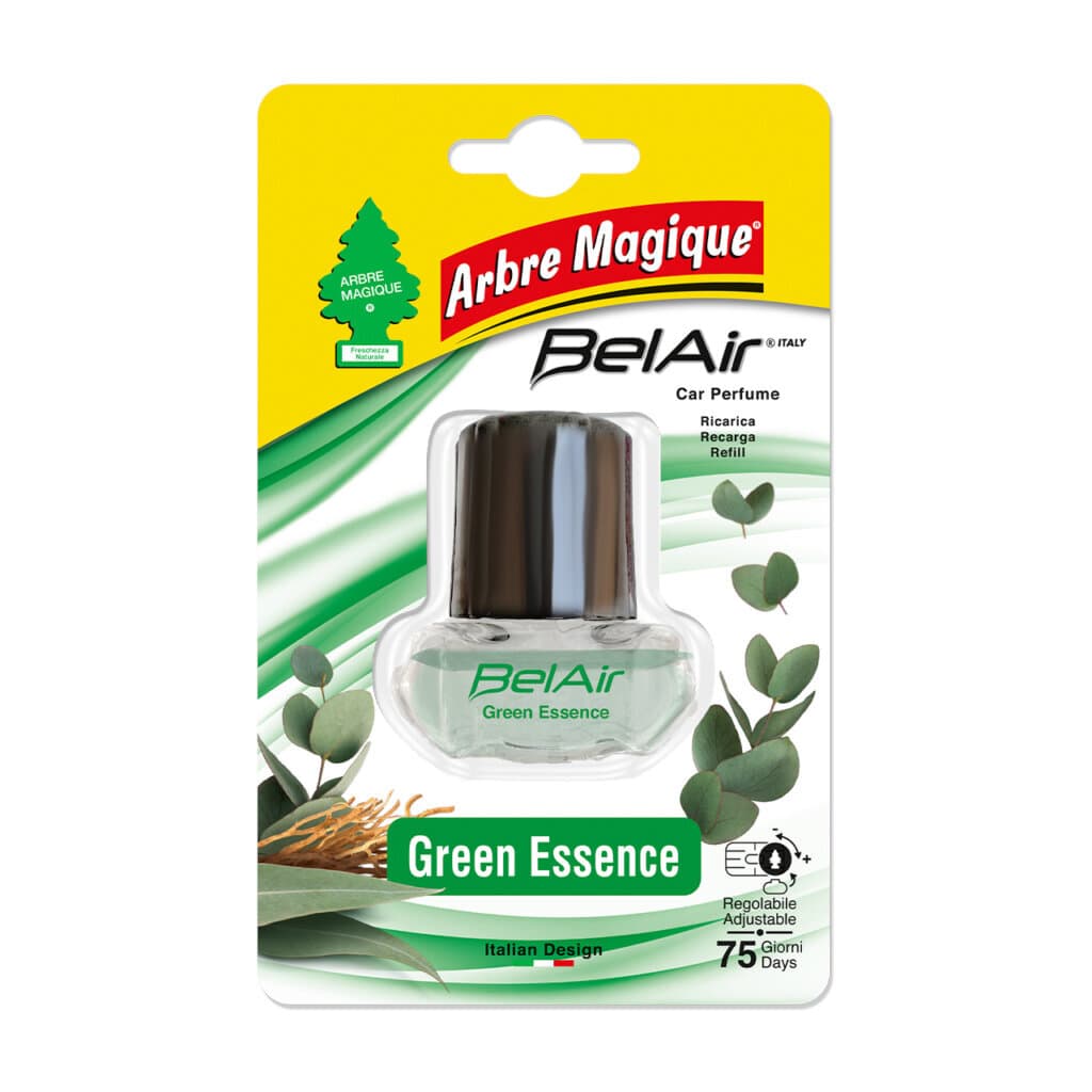 Arbre Magique Belair Green Essence Refill – Предна страна на опаковката с изображение на зелени мотиви и природни елементи.