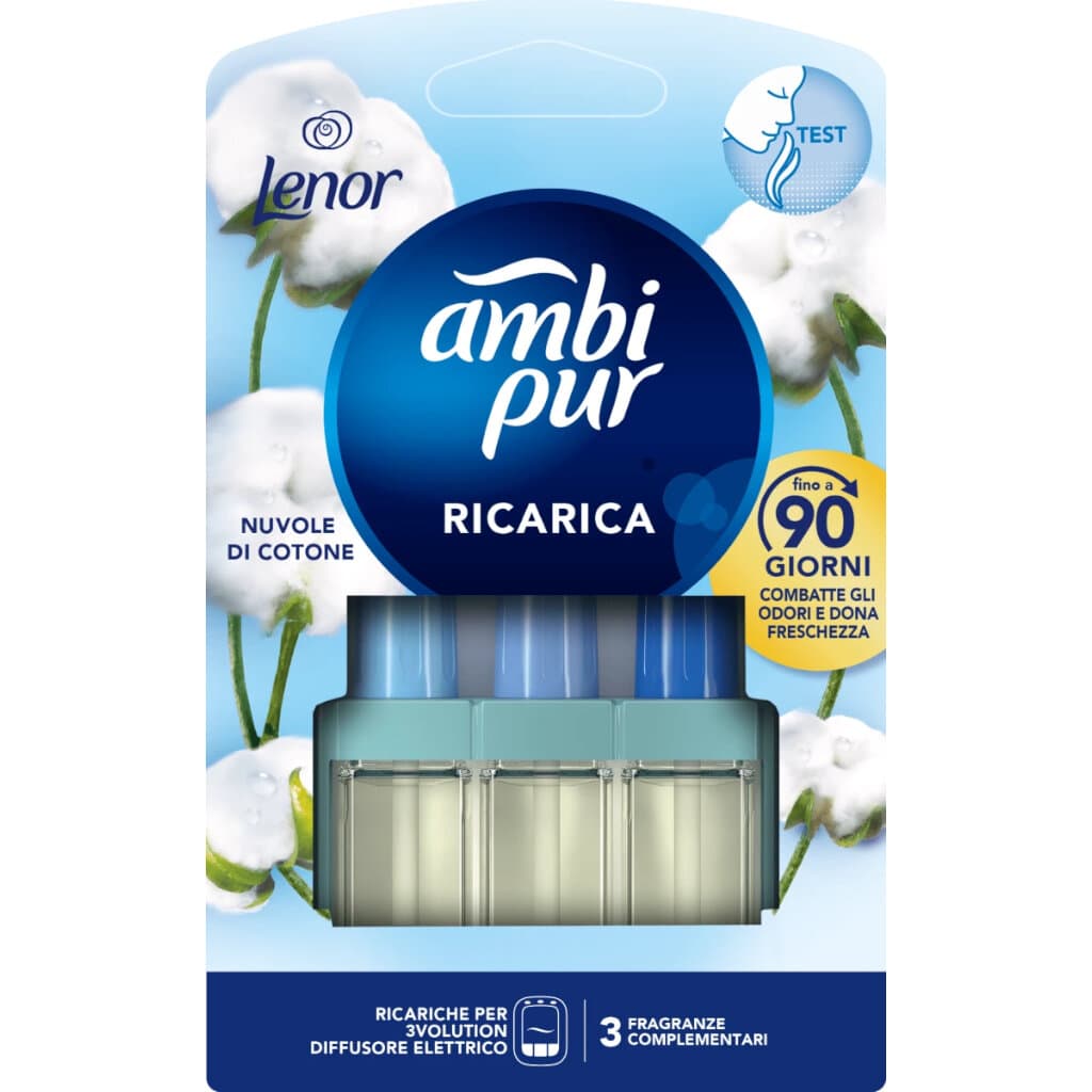 Ambi Pur Ricarica 3Volution - Nuvole di Cotone – предна опаковка на резервен ароматизатор за електрически дифузер.