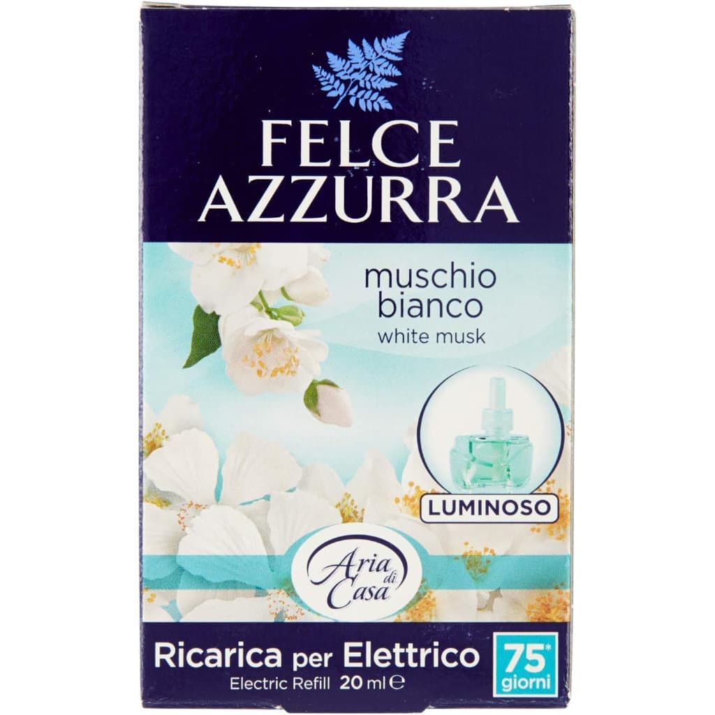 Опаковка на Felce Azzurra Muschio Bianco електрически ароматизатор, с елегантен дизайн, подчертаващ чистия и изтънчен аромат.
