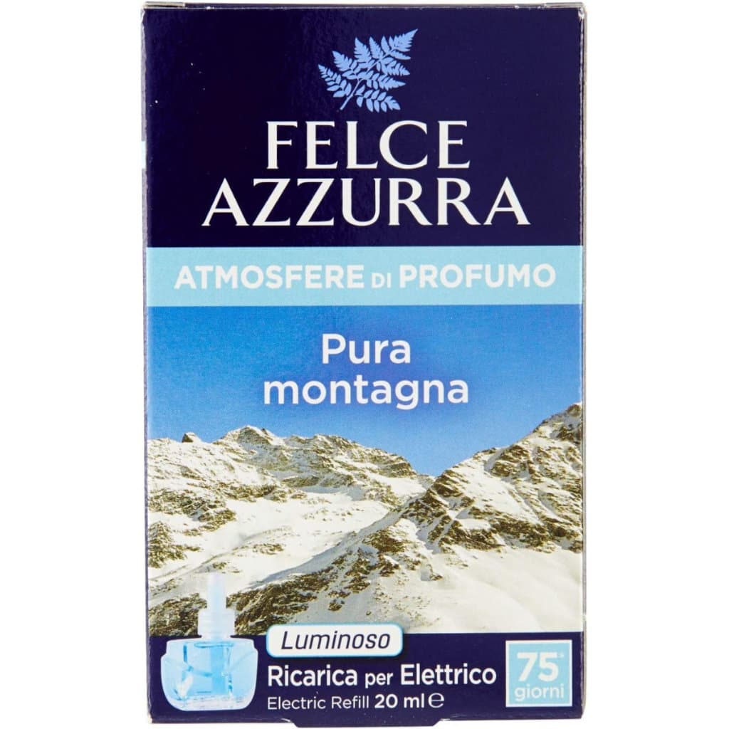Опаковка на Felce Azzurra Pura Montagna електрически ароматизатор, с изобразени планински върхове, символизиращи чистота и свежест.