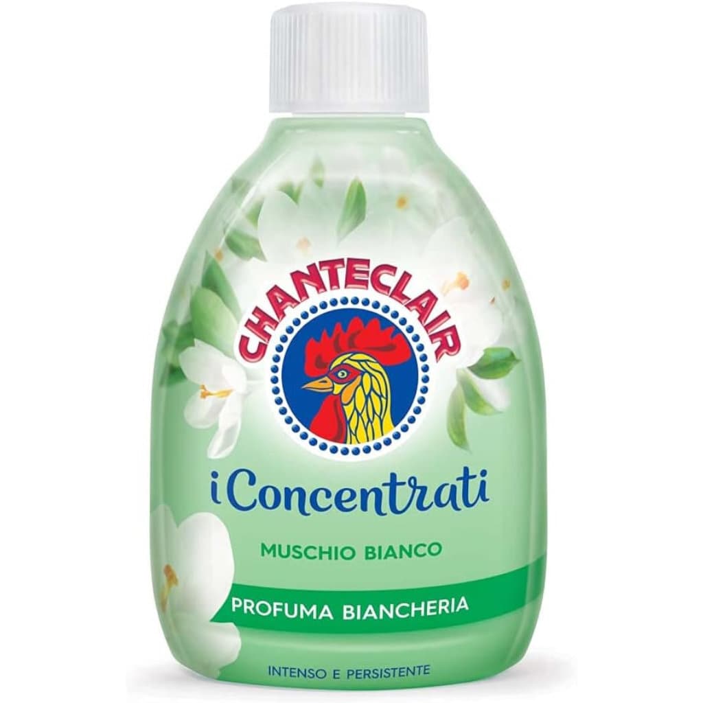 Опаковка на Chanteclair Profuma Biancheria i Concentrati Muschio Bianco, подчертаваща елегантния аромат с илюстрация или графичен елемент, символизиращ чистотата и финеса на белия мускус.