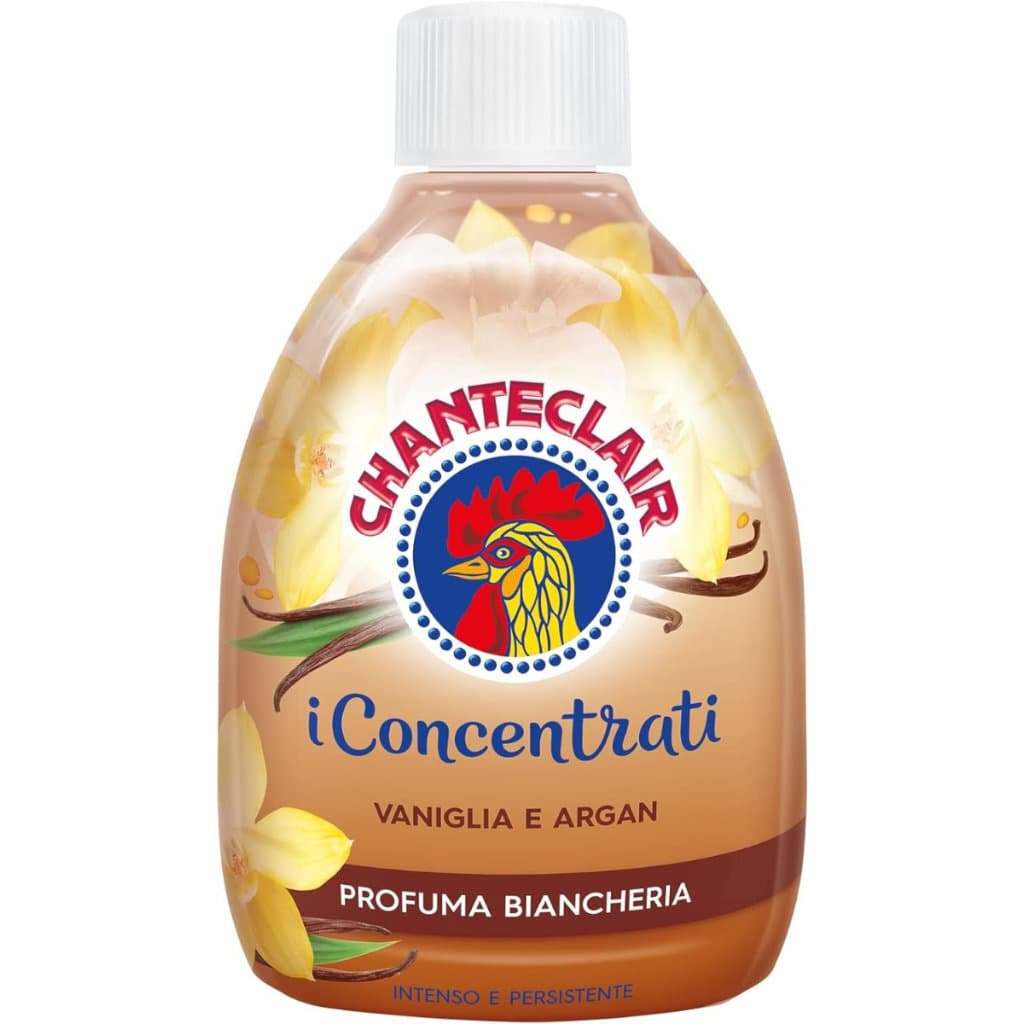 Опаковка на Chanteclair Profuma Biancheria i Concentrati Vaniglia e Argan, с илюстрация или елемент, подчертаващ топлия аромат на ванилия и арган.