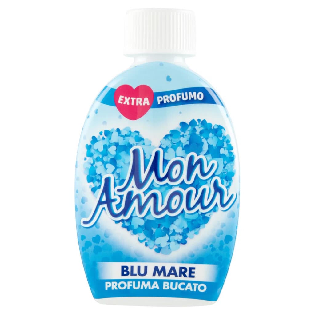 Опаковка и преден изглед на Mon Amour Blu Mare Profuma Bucato 220 мл | Ароматизатор за Пране с Дълготраен Аромат на Морски Бриз