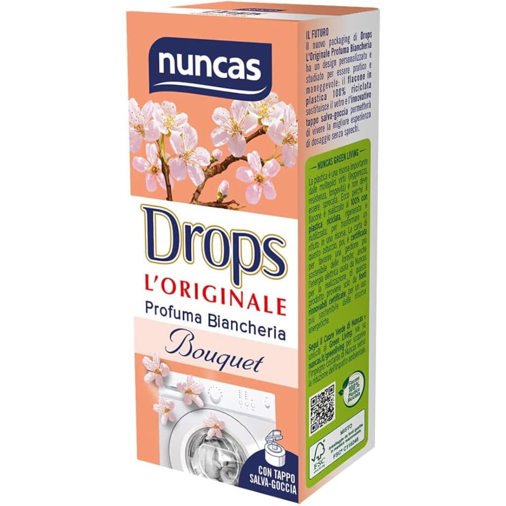 Nuncas Drops Profumabiancheria Bouquette – 100 мл – Предна страна на бутилката с изчистен дизайн и информация за продукта.