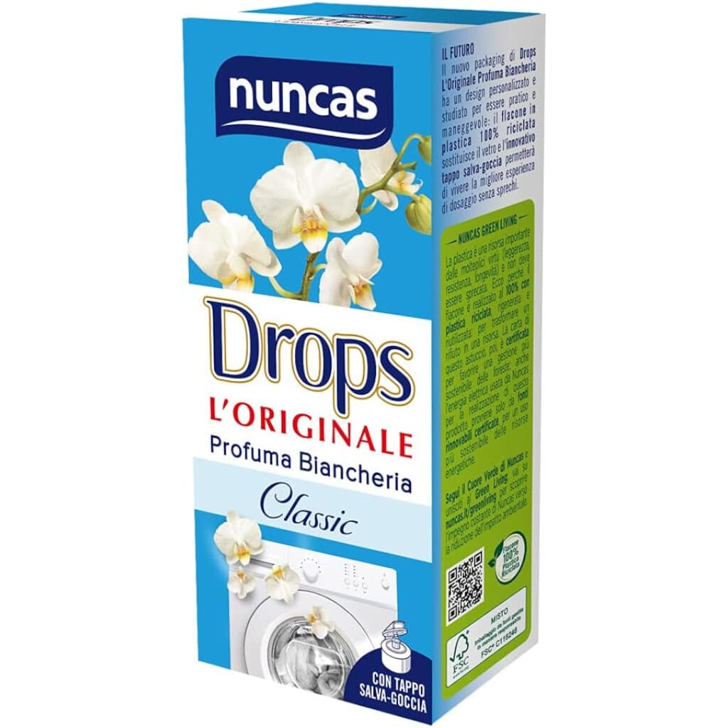 Nuncas Drops Profumabiancheria Classic – 100 мл – Предна страна на бутилката с изчистен дизайн и информация за продукта.