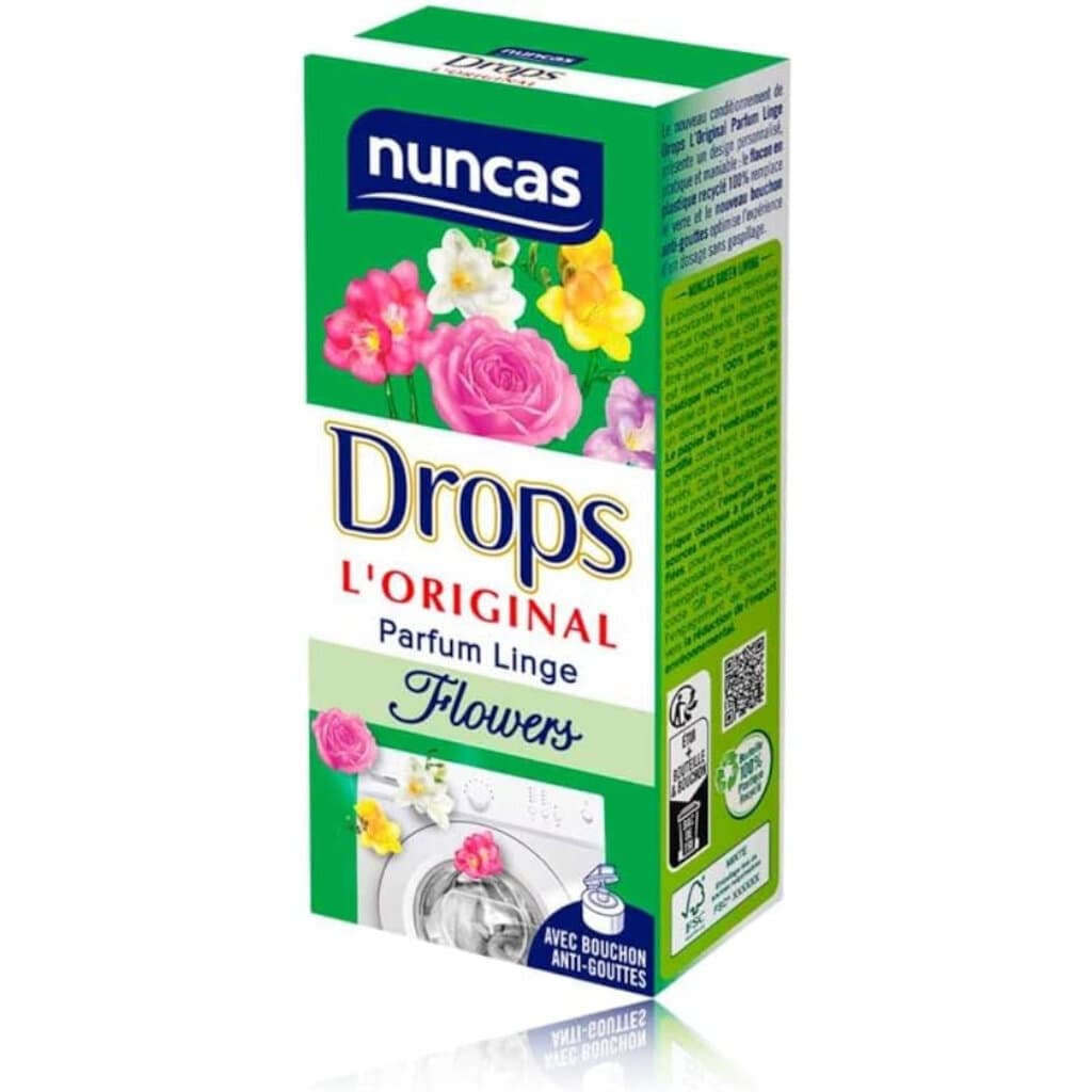 Nuncas Drops Profumabiancheria Flowers – 100 мл – Предна страна на бутилката с изчистен дизайн и информация за продукта.