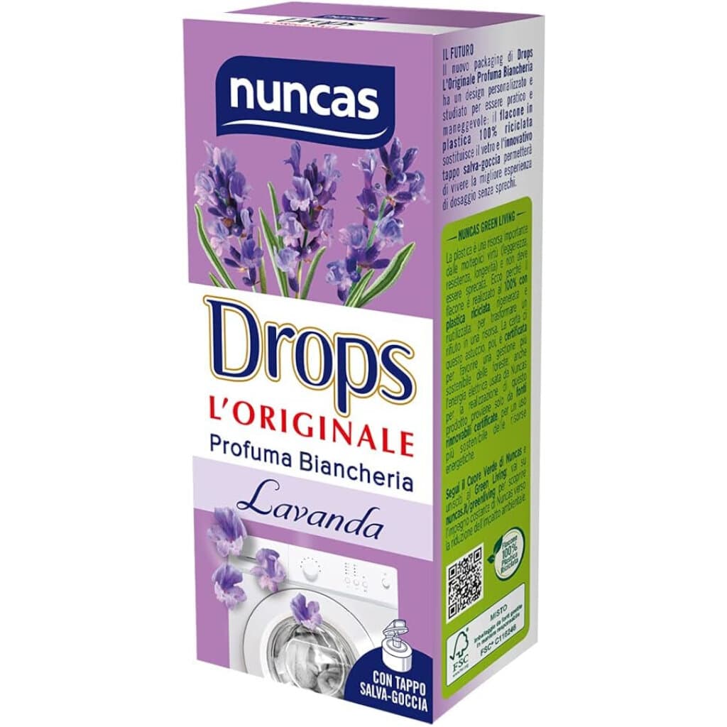 Nuncas Drops Profumabiancheria Lavanda – 100 мл – Предна страна на бутилката с изчистен дизайн и информация за продукта.
