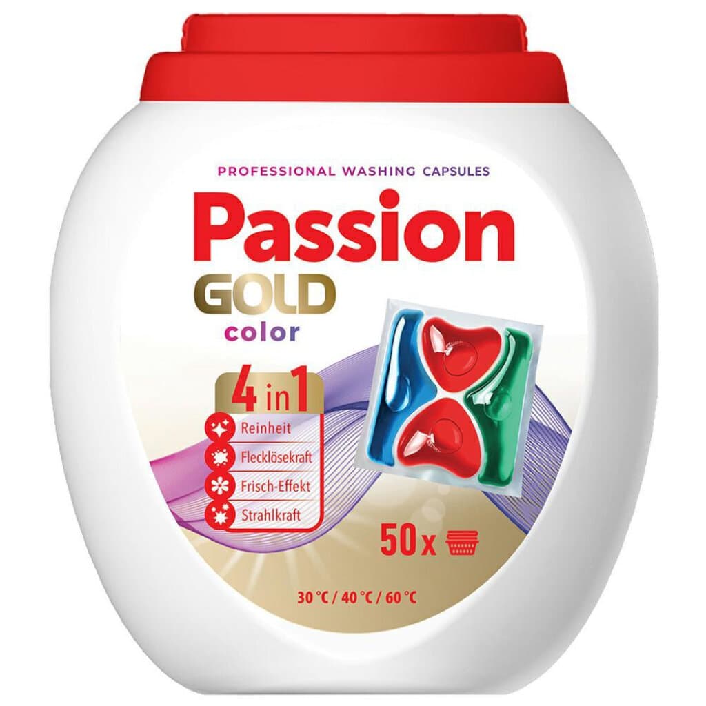 "PASSION GOLD Professional Washing Caps – Предна страна на опаковката, показваща капсулите per il lavaggio con tecnologia 4in1."