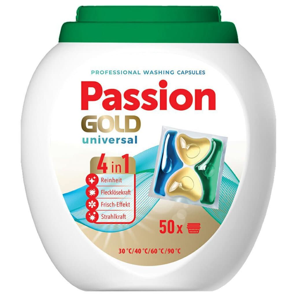 "PASSION GOLD 50Caps 4in1 Professional – Предна страна на опаковката, показваща иновативните капсули за пране с четири-коморова технология."
