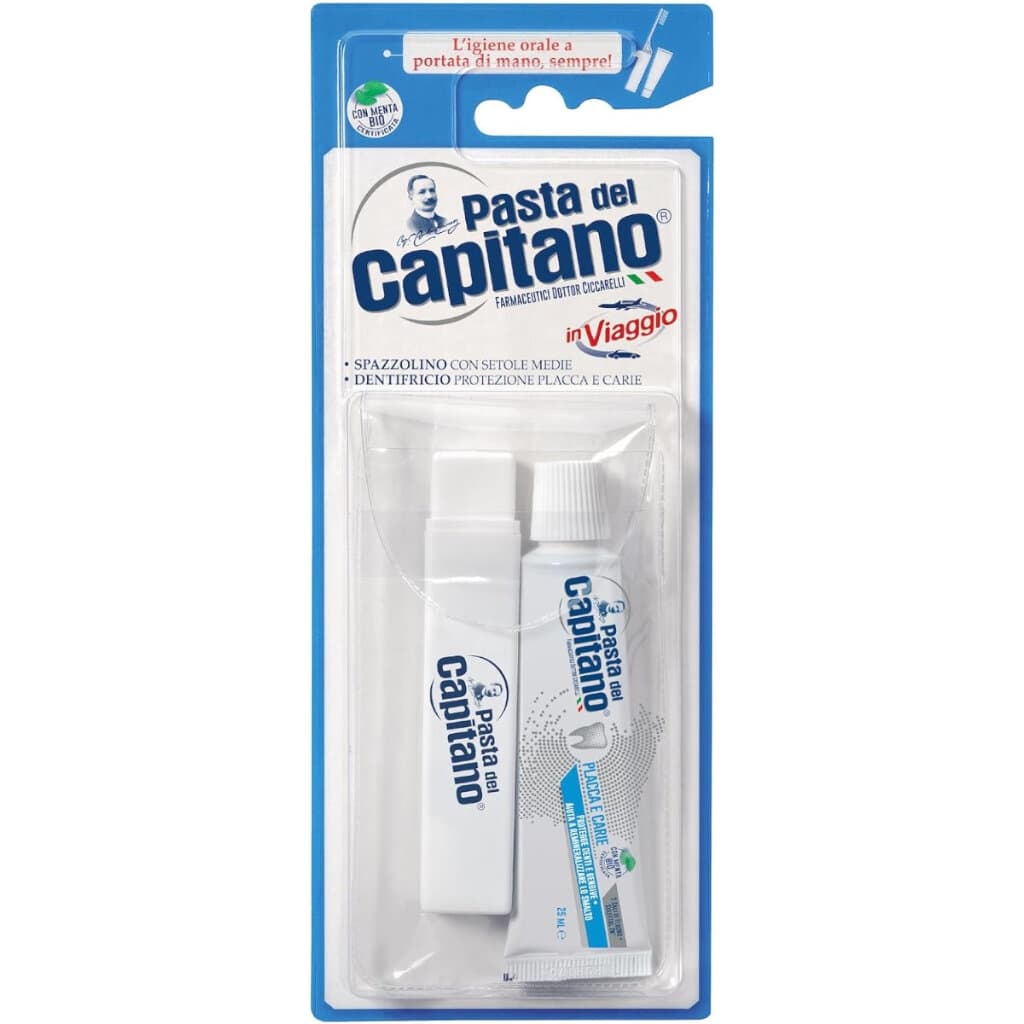 Опаковка и преден изглед на Pasta del Capitano Travel Kit | Комплект за Орална Хигиена за Пътуване