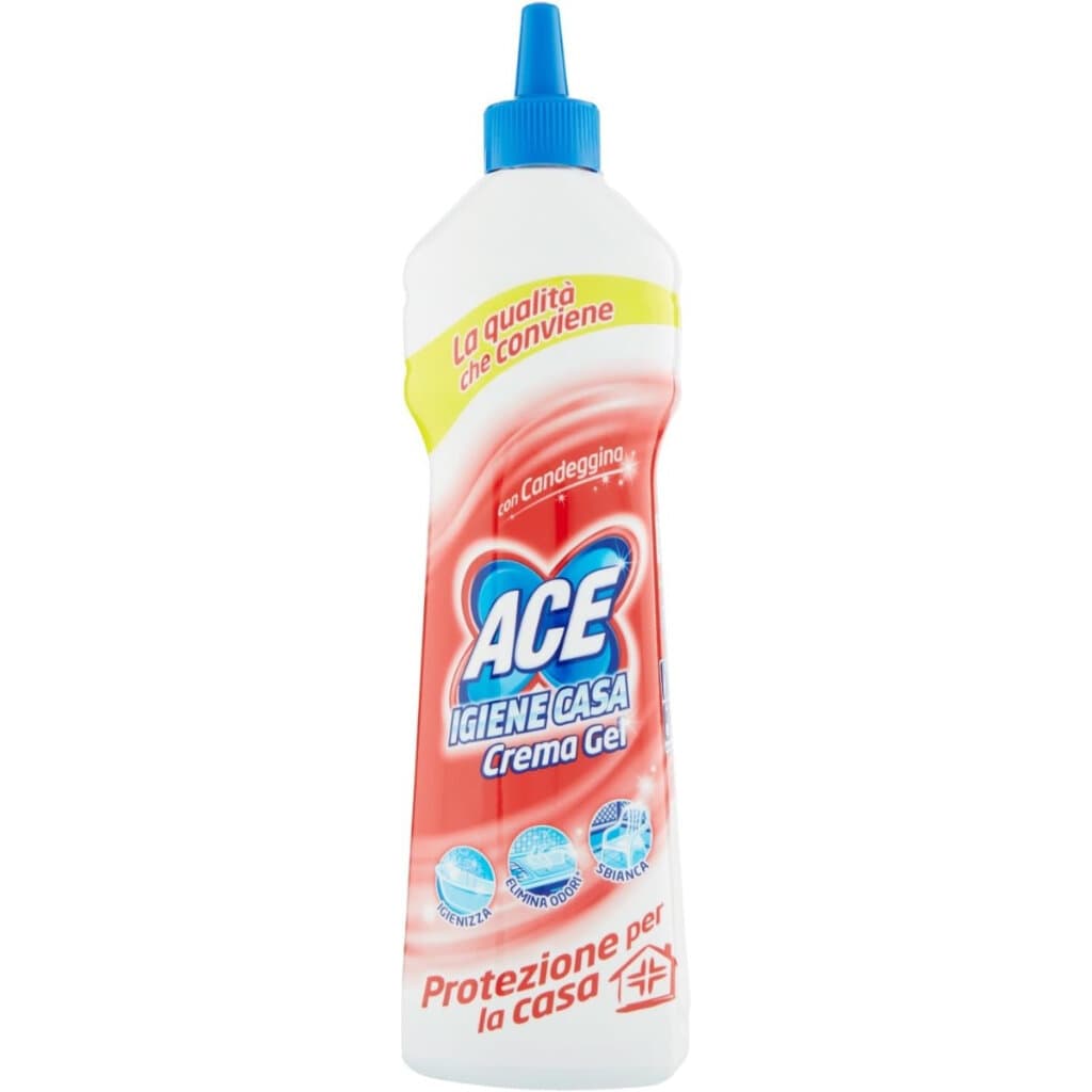 Опаковка на ACE Igiene Casa Crema Gel con Candeggina (500 мл), показваща продукта и акцентираща върху крем-гел формулата и съдържанието на белина.