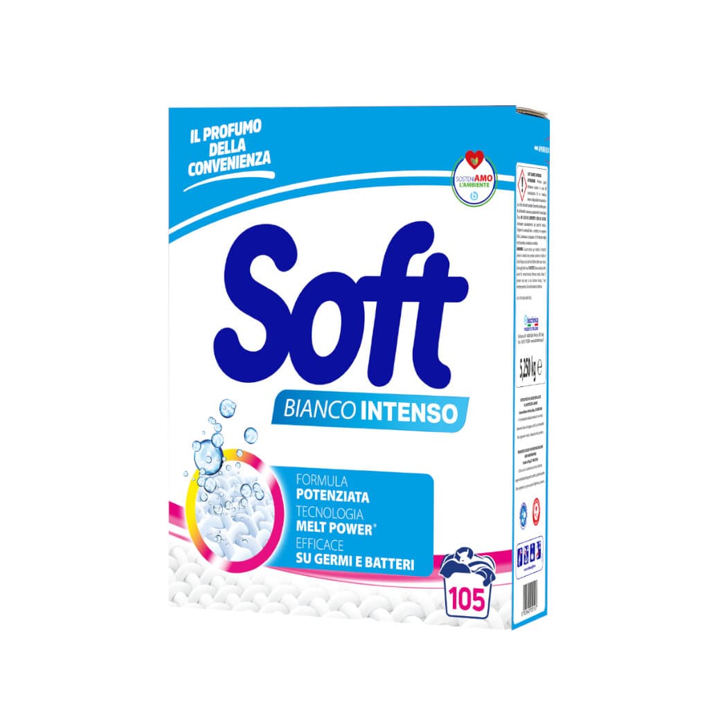 Опаковка на Soft Detersivi Detersivo Polvere per Lavatrice Bianco Intenso, показваща продукта и акцентираща върху ярката белота.