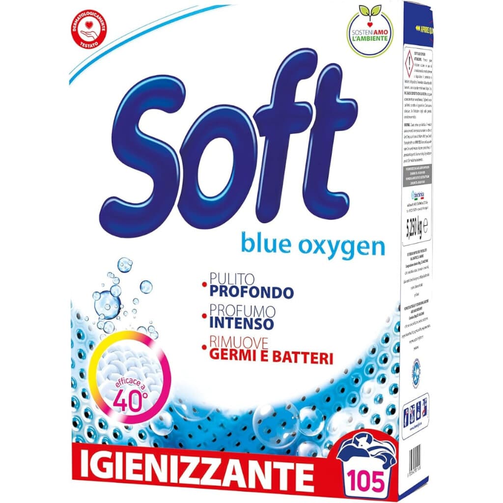 Soft Multi Polvere – Blue Oxygen (105 изпирания) – Изображение на опаковката с информация за активния кислород.