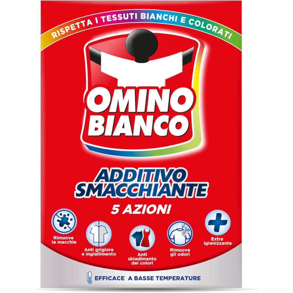 Omino Bianco Additivo Smacchiante Polvere – предна опаковка на прахообразна добавка за премахване на петна.