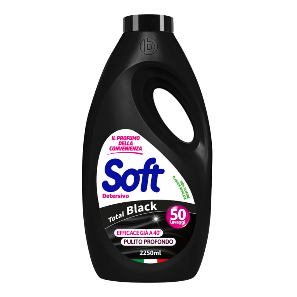 Soft Detersivo Liquido Total Black Liquigel – Течен перилен препарат за черни дрехи – Предна част на опаковката.