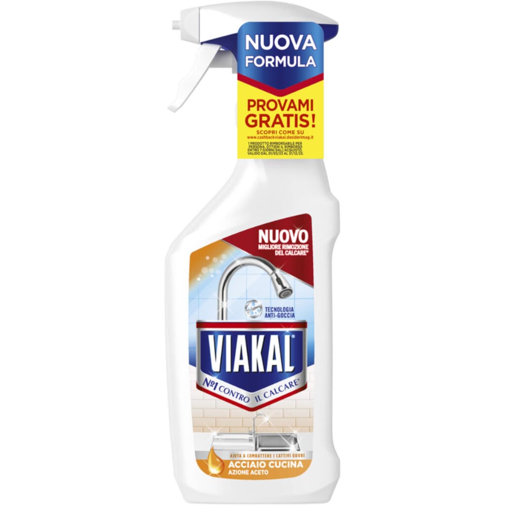 Опаковка на Viakal Acciaio Cucina Azione Aceto Spray (470 мл) - предна страна.